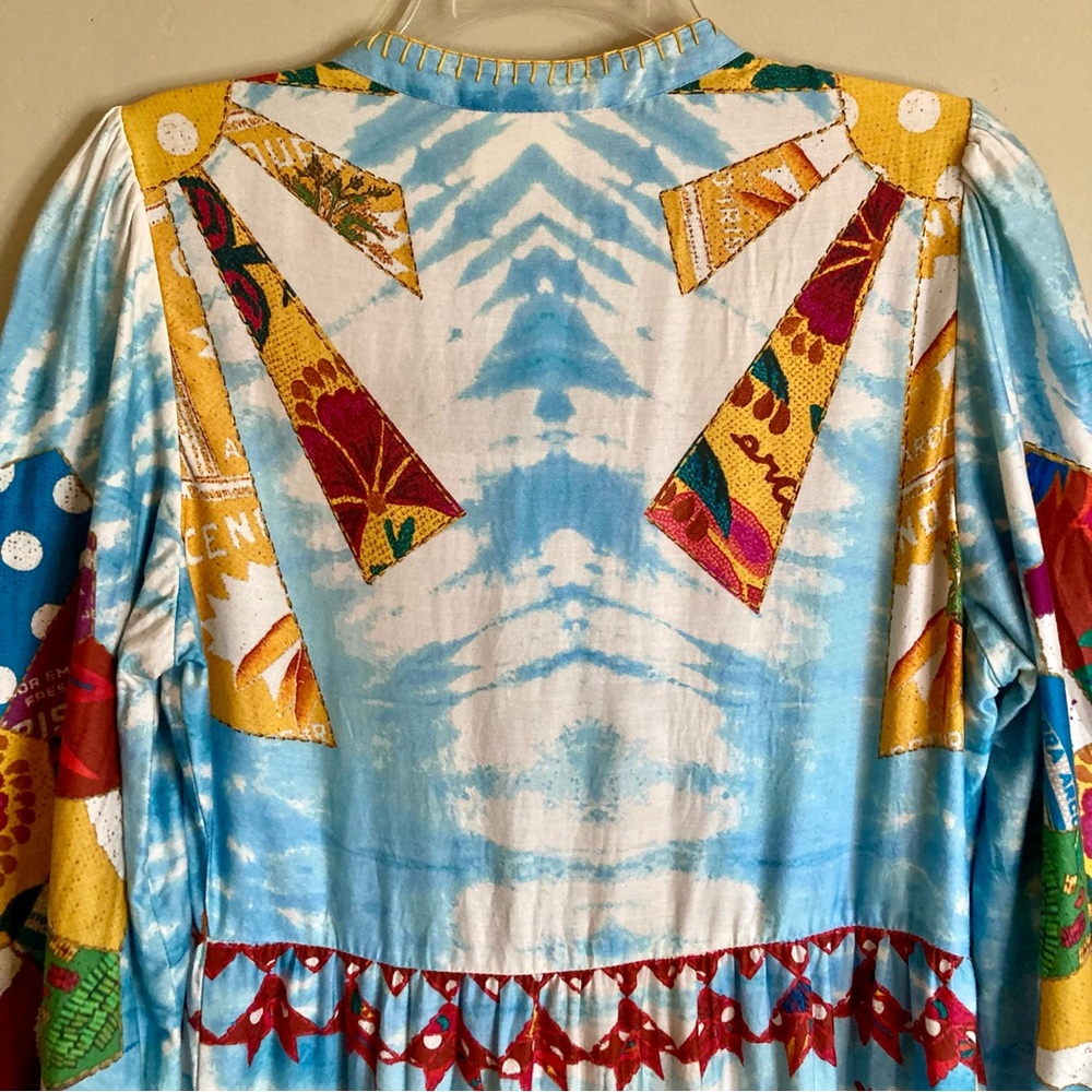 RARE FARM Rio Tie Dye Rainbow Patchwork Maxi Dress Batik Print Blue Size S or M - Picture 14 of 16